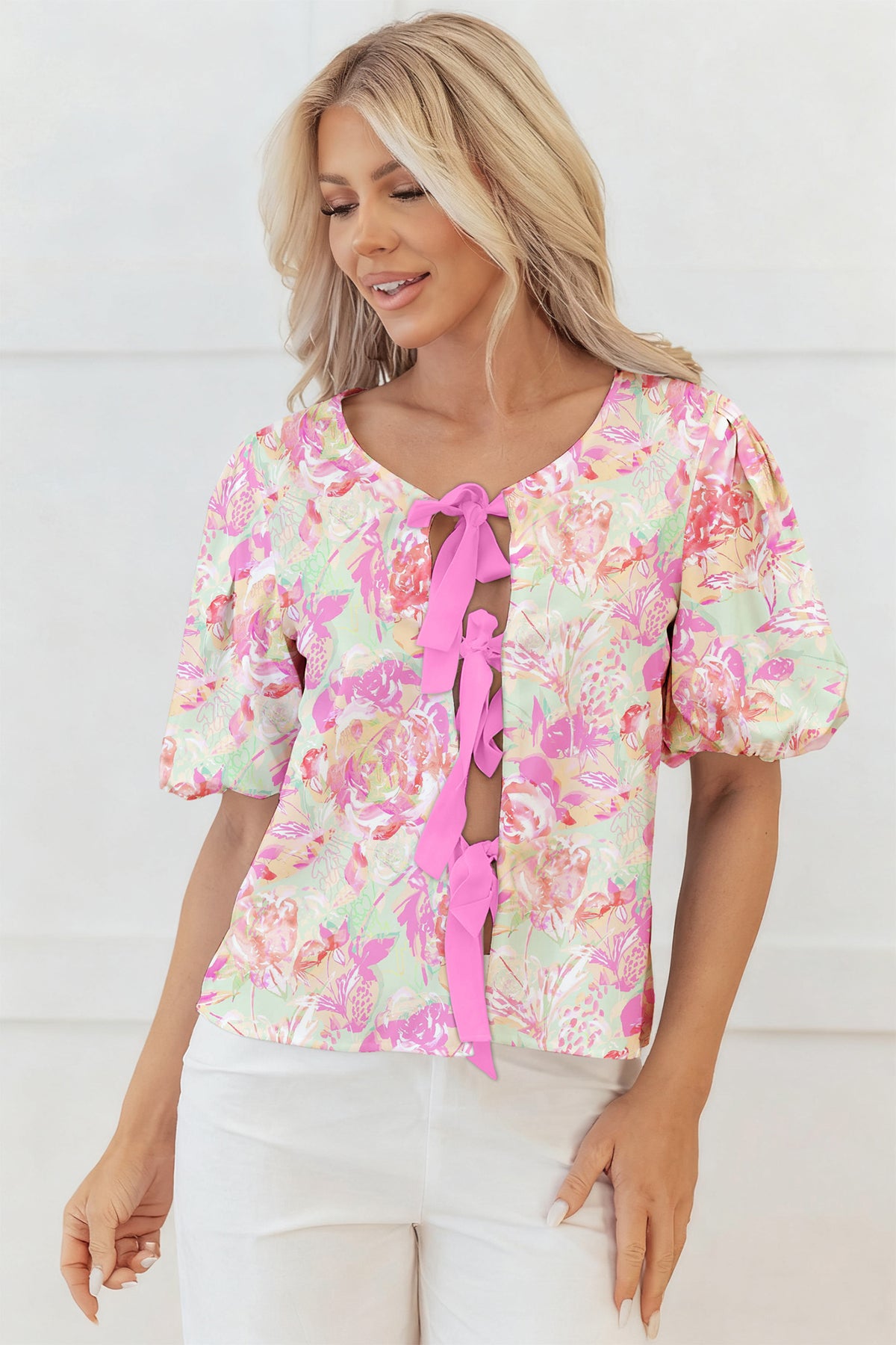 Pink Ribbon Knot Front Floral Short Puff Sleeve Blouse