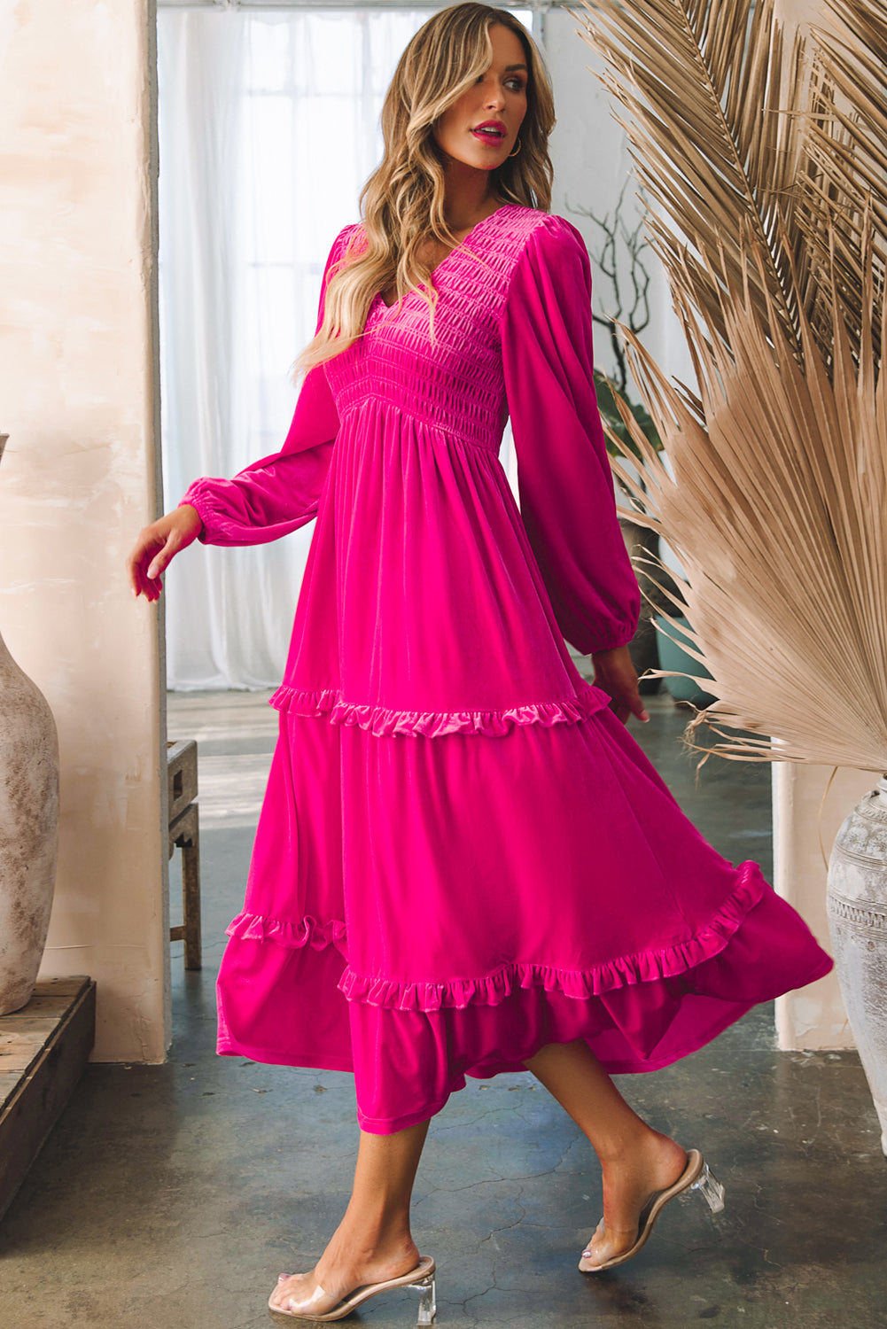 Rose Red Shirred Velvet Dress