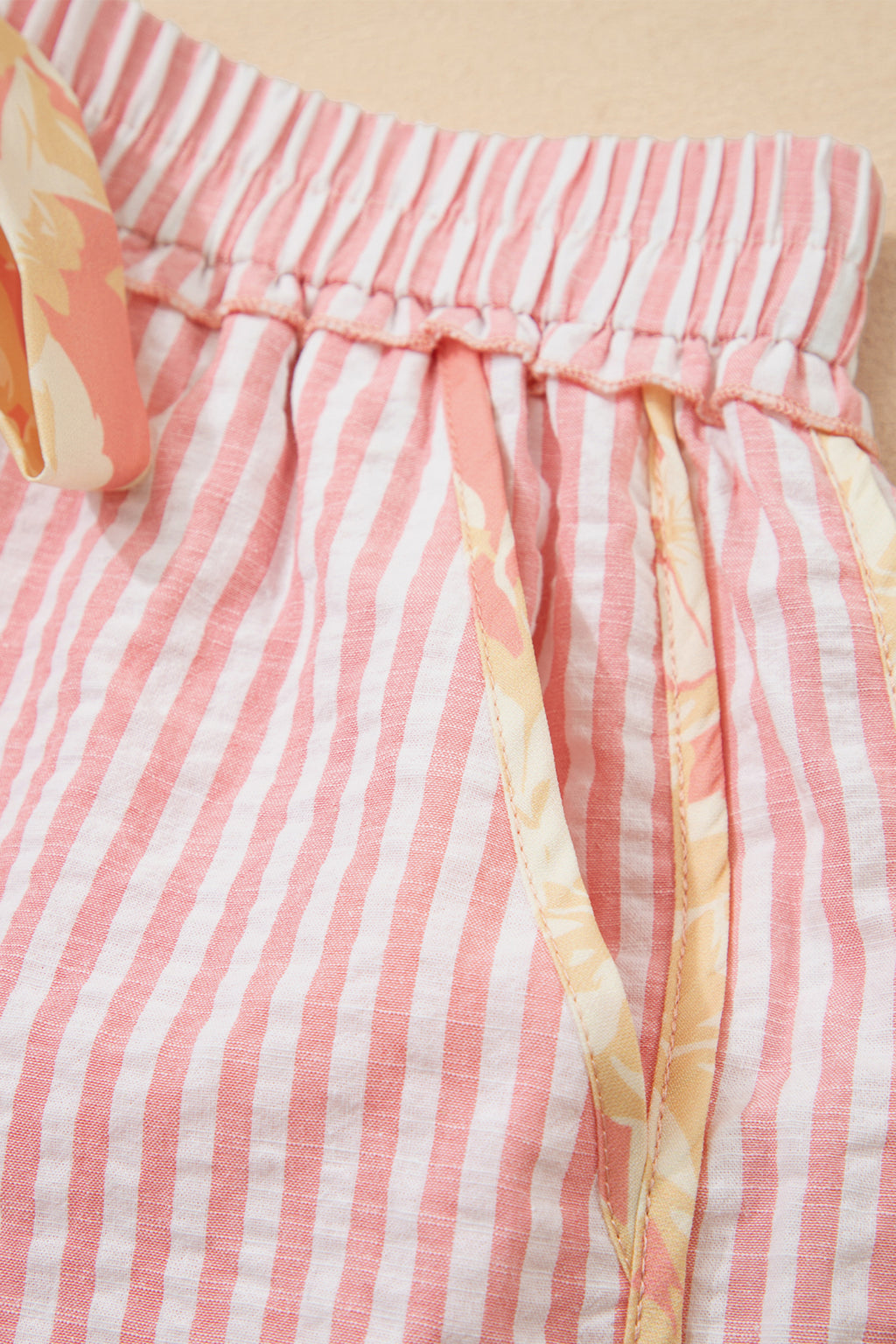 Light Pink Floral Trim Ribbon Knot Striped Casual Shorts