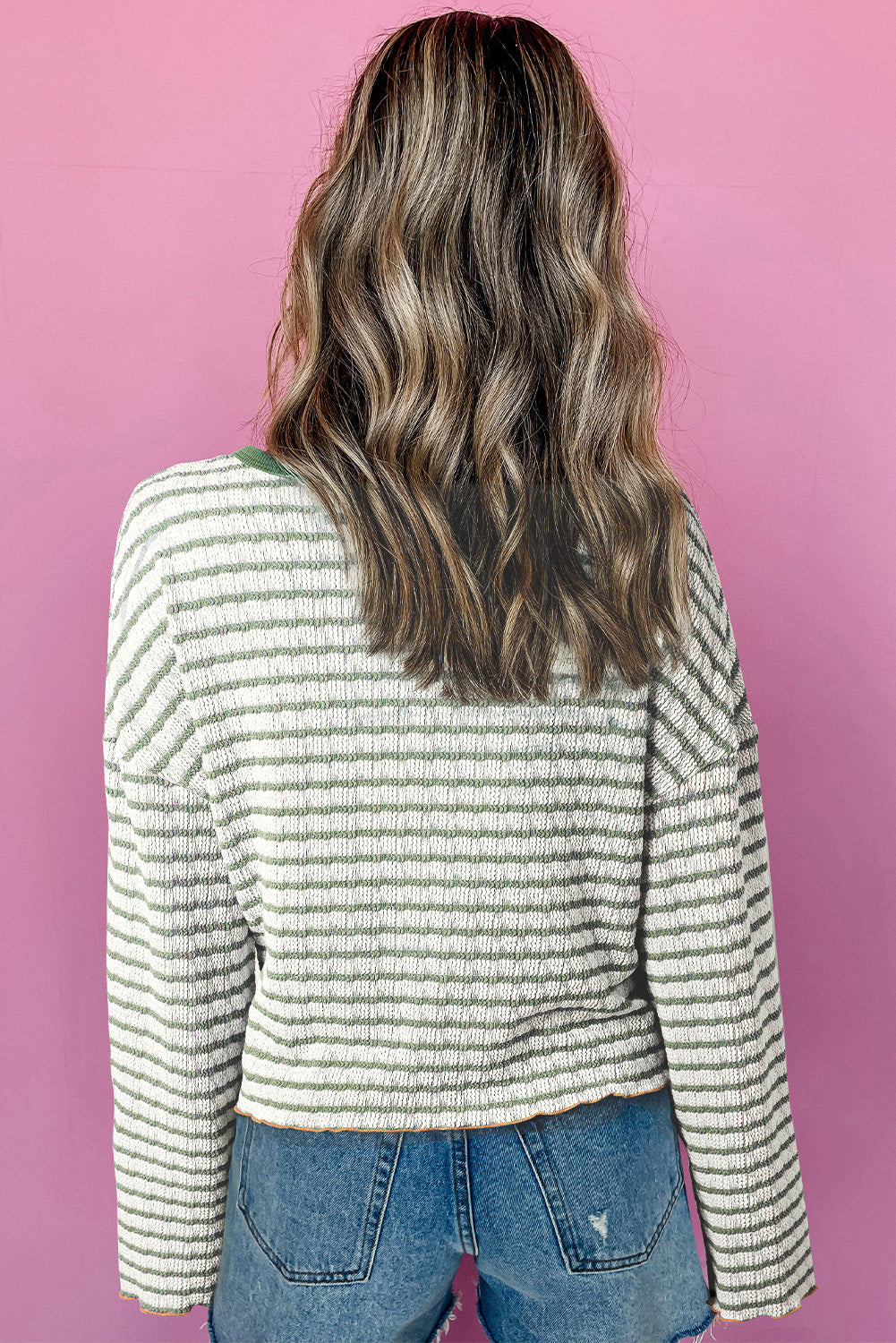 Brown Stripe Textured Long Sleeve Top