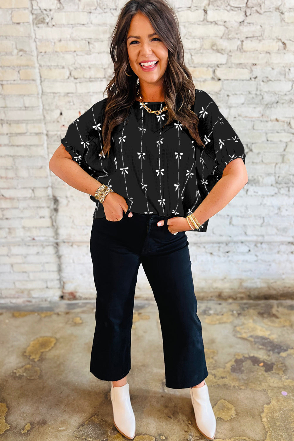 Beige Bow Print Puff Short Sleeve Top