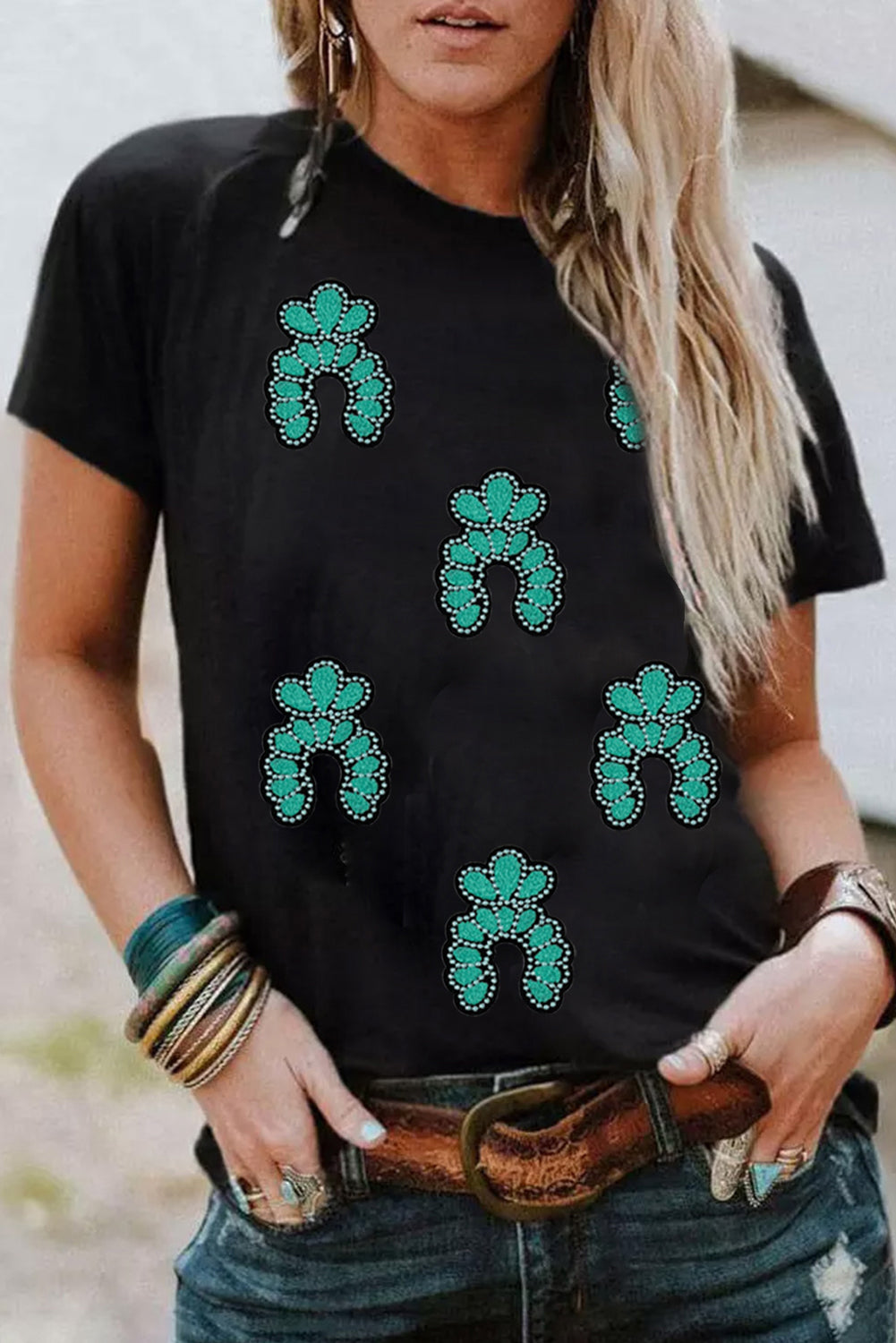 Black Western Turquoise Pattern Sequin Patched T Shirt